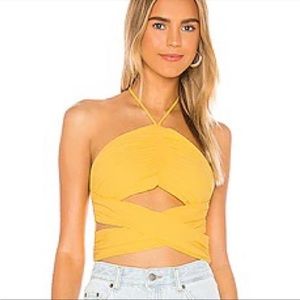Superdown yellow cut out halter crop top